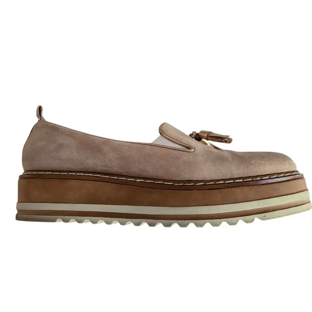 Michele Lopriore Cassidy Tan Suede Platform Loafers Tassel Euro Chic Size 37 7